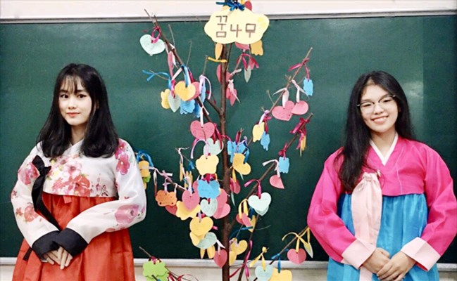 Sinh viên khoa Tiếng Hàn - ĐH Duy Tân bên cây “Kum namu - Cây Ước Mơ” được trưng bày trước văn phòng Khoa